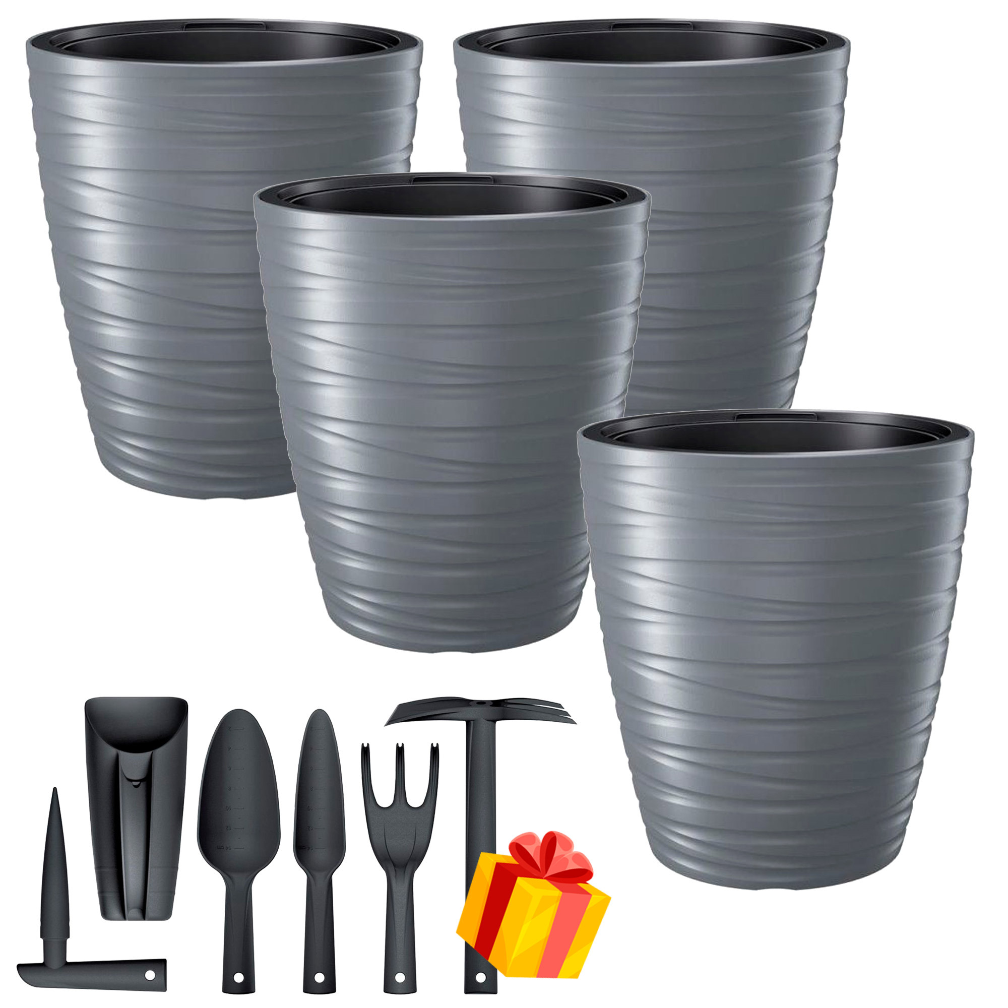 Image of Set Of 4 Planters With 16l Maze Plastic 29.6 X 29.6 X 32.9 Cm + Set Of 6 Garden Tools As A Gift