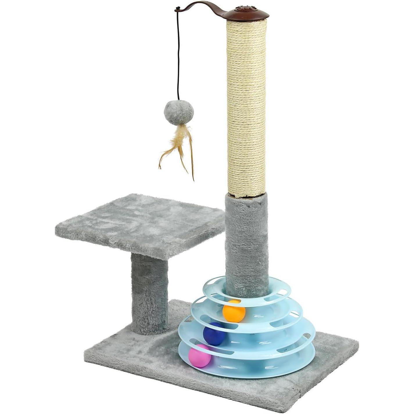 TEMU 25" Cat Scratcher With Plush Carpet | Kitten Scratch Post With Sisal Pole | Includes Cat Track Toy Balls | Sturdy & Stable | Beige