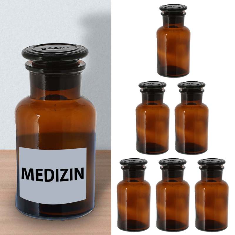 Image of Apothecary Bottle 6-piece Set, Brown, 250ml, 6.5x13.5cm, Glass Bottle With Glass Stopper, Medicine Bottle, Storage Bottle