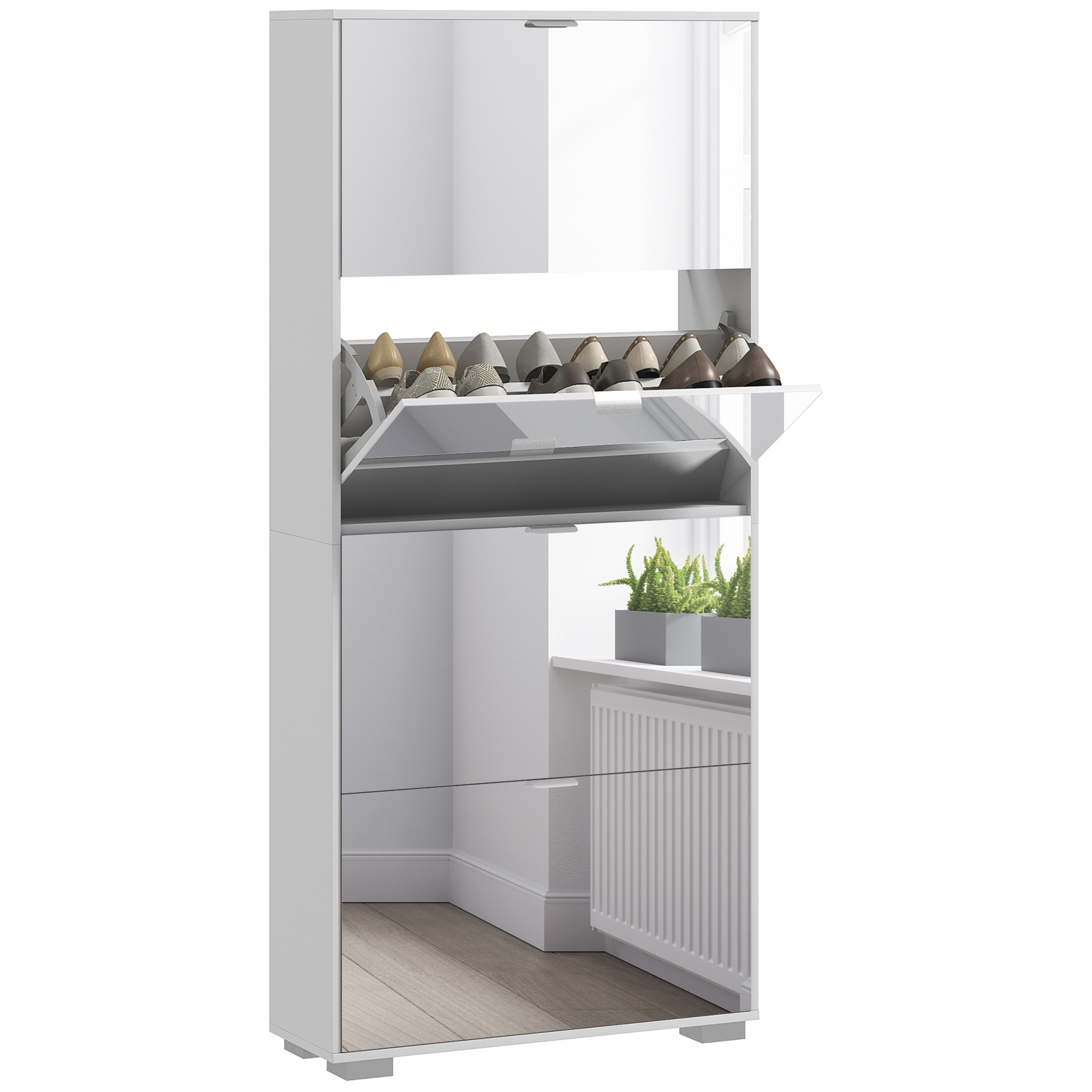 76x26x168cm Mirror Shoe Cabinet, 4 Flip-out Drawers, Adjustable Shelves – Ideal For Dressing Rooms, Basements, Bathrooms & Toilets