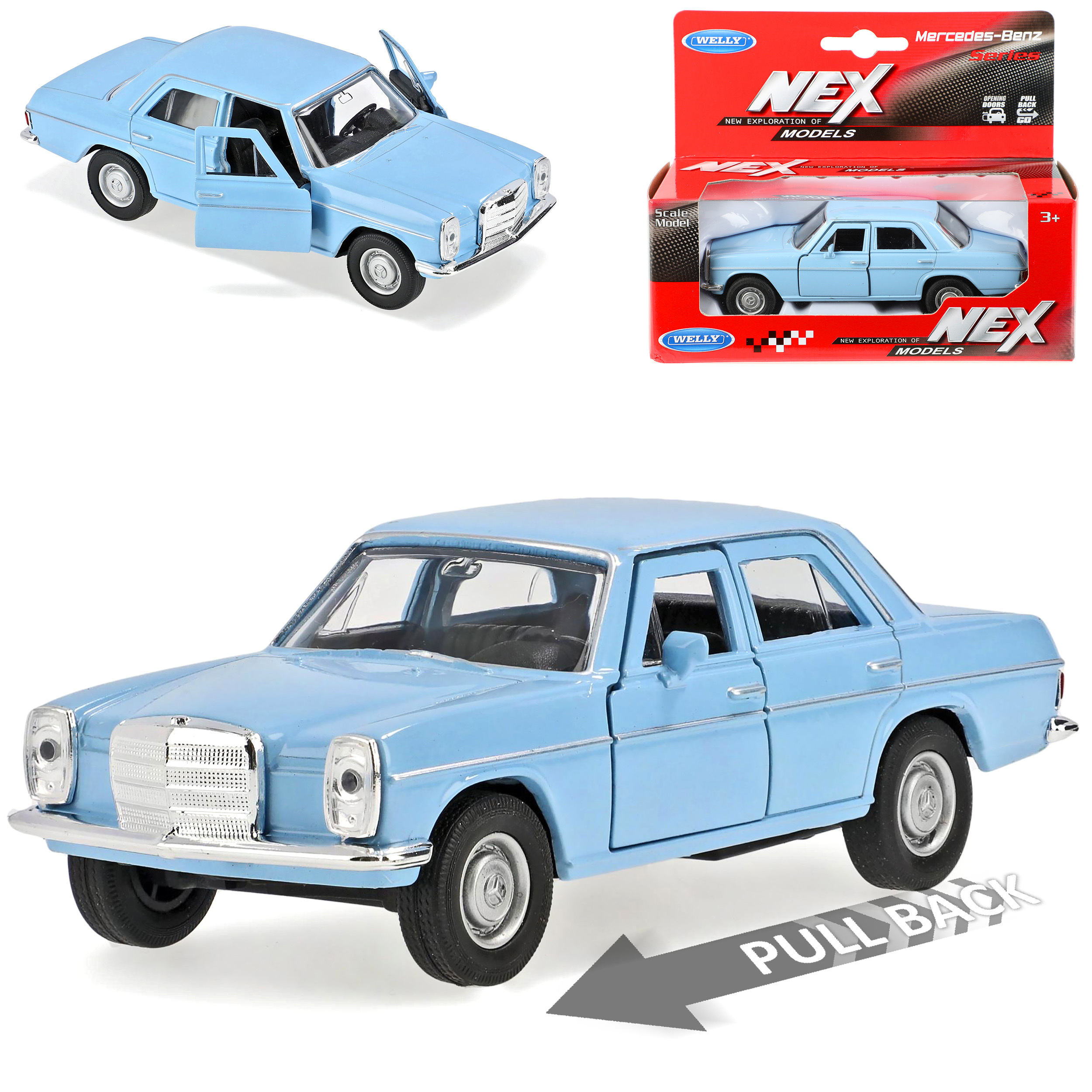Image of Mercedes-benz 200/8 Stroke Sedan Blue With Retractable Engine W114 W115 1967-1976 Scale 1/43 1/36-1/46 Welly Model Car