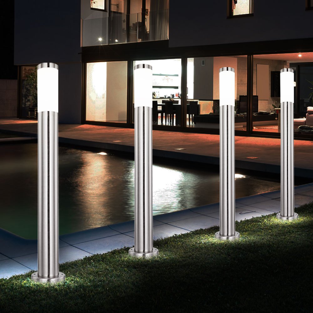 4-piece Set Outdoor Standing Lamp Garden Light Made Of Stainless Steel, Garden Floor Lamp, Silver Path Lamp, Outdoor , Stainless Steel, 1x E27, Ip44, 12.7 X 80 Cm, Bulb Not Included