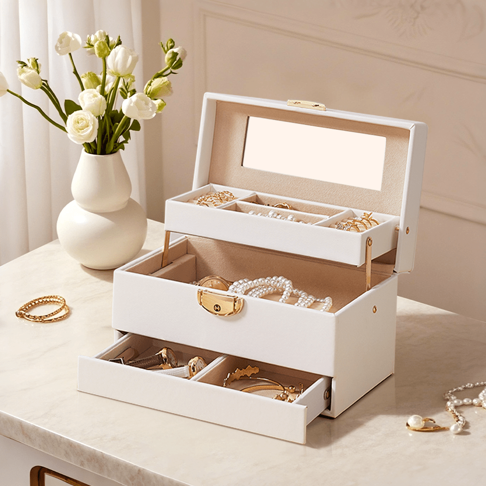 TEMU 3 Tier Jewellery Box,jewellery Organiser With Drawers Larg,lockable.12*13* Jewellery Storage Case For Necklaces Earrings Bracelets And Rings,
