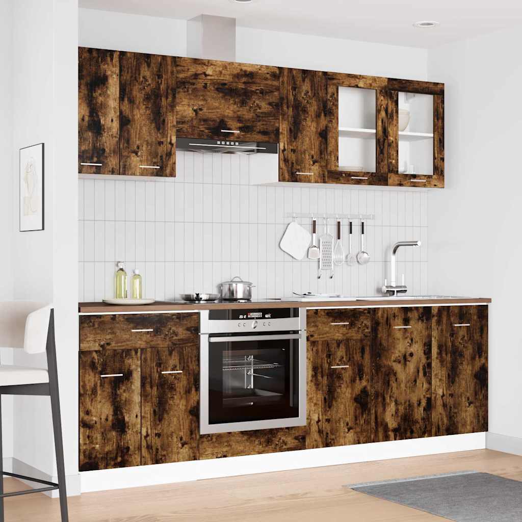 Image of Vidaxl 8pcs Kitchen Cabinet Set Made Of Smoked Oak - Wall-mounted Cabinets For Contemporary Storage Solutions, Low-maintenance And Ideal For Organization.