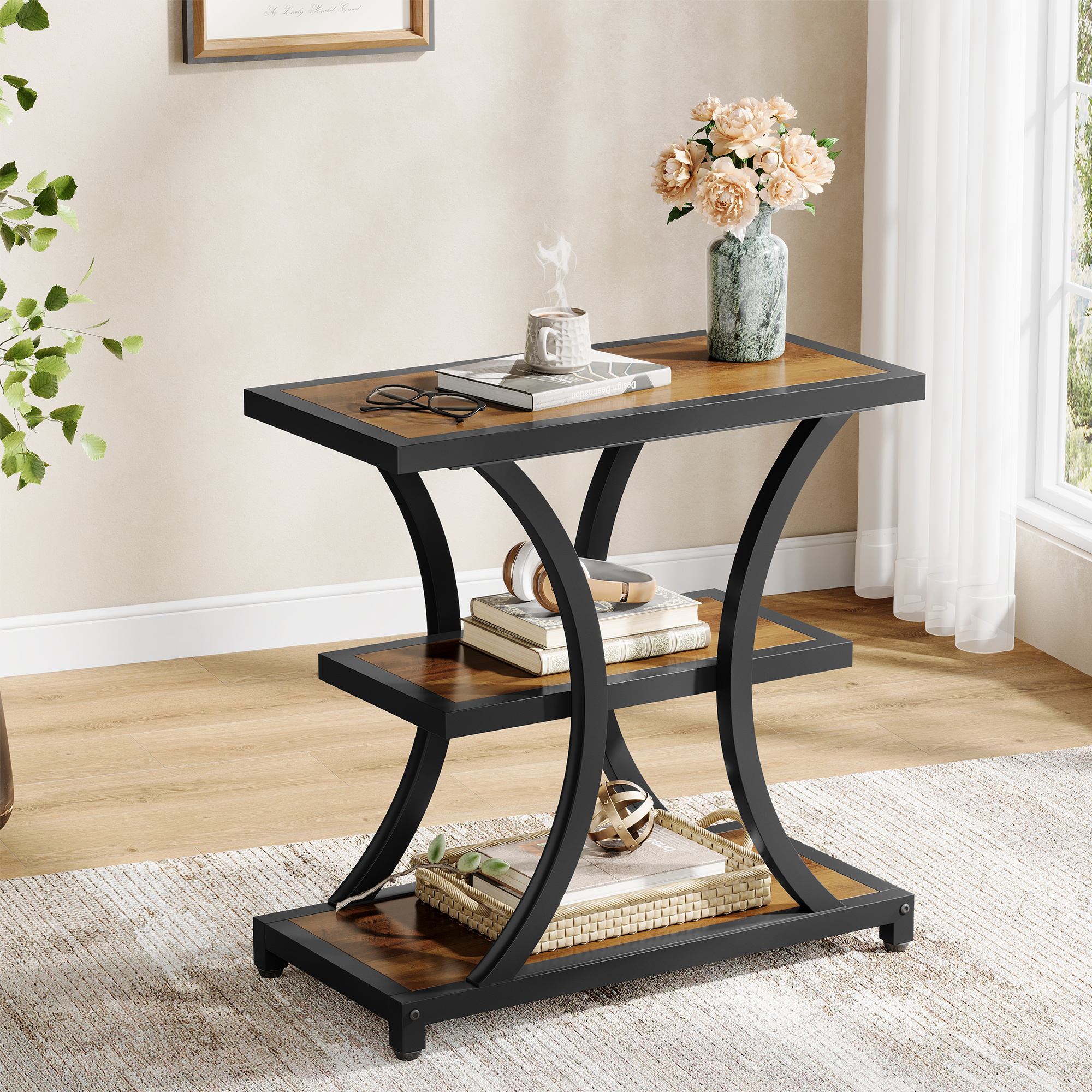 3 Tier Side Table With Storage, Industrial Nightstand With Geometric For Small Spaces Living Room Bedroom Office In Rustic Brown.