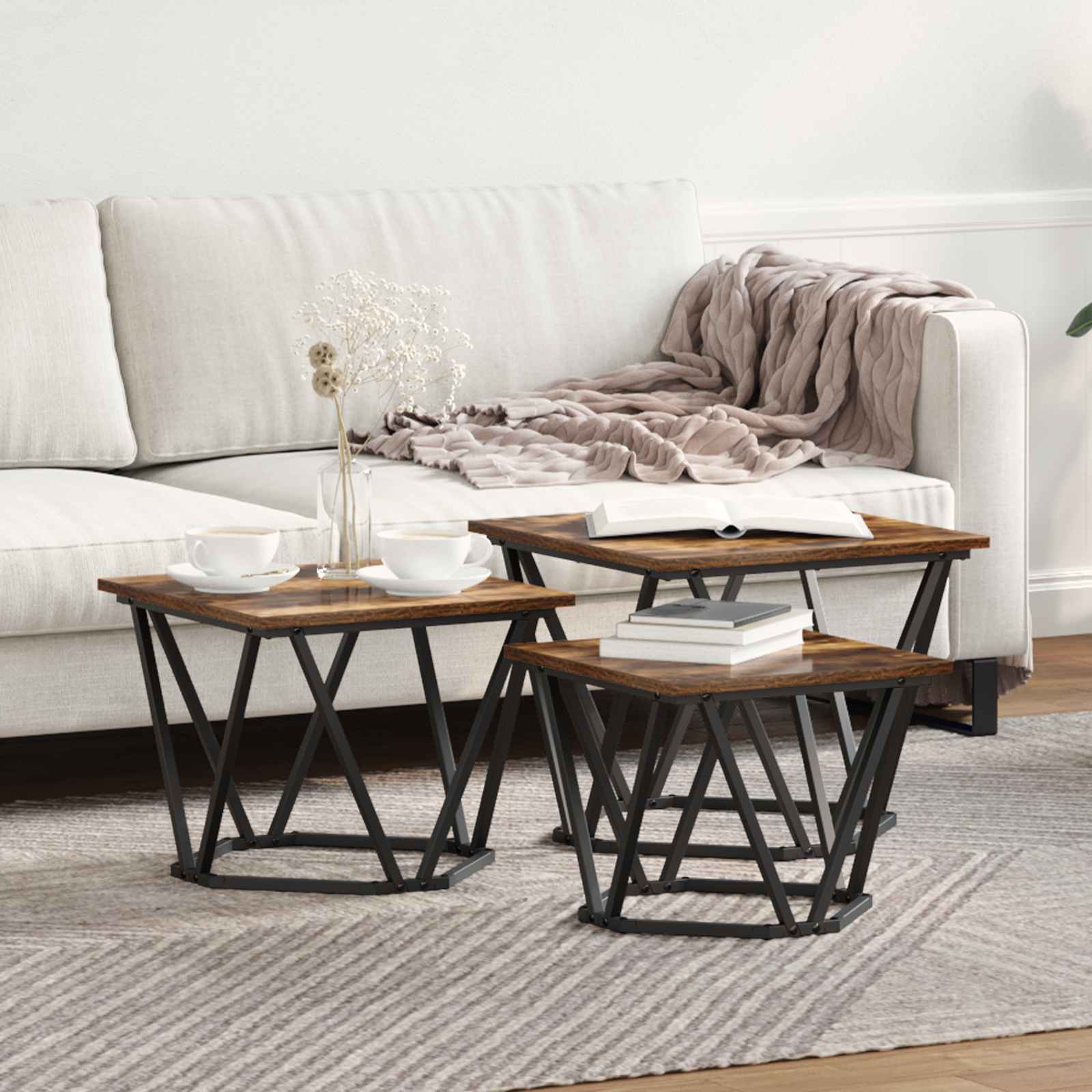 Image of Coffee Table 3pcs. Smoked Oak 50 X 50 X 40 Cm, Coffee Table, Long-lasting Accent, Practical Decor For The Living Room, Stylish And Low.