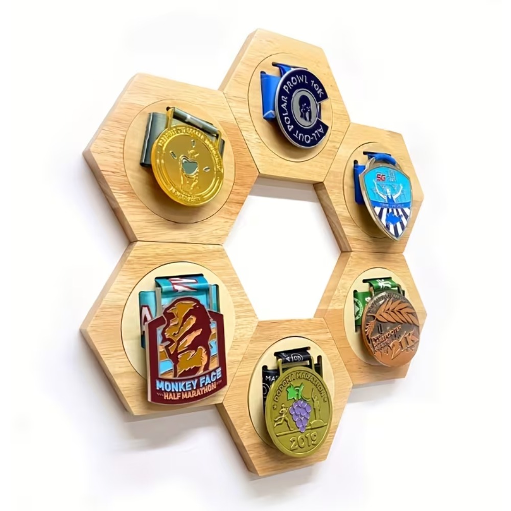 TEMU 6pcs Wood Medal Display Hanging Rack Wooden Hexagon Medals Storage Shelf For Sports Running All Types Of Medals Wall Or Desk