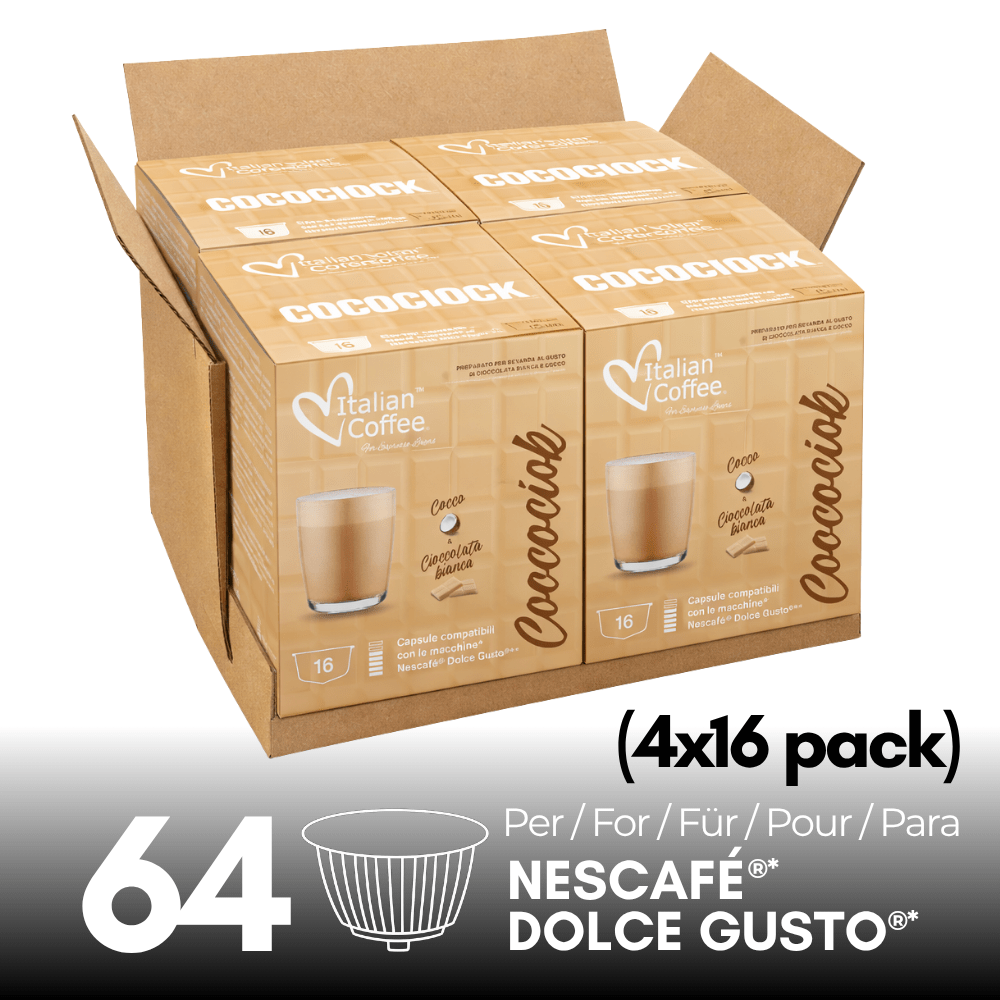 Image of Coccociok, White Chocolate And Coconut (64 Capsules) For Nescafé Dolce Gusto, 4 Packs Of 16 Capsules, Creamy Drink With Exotic Notes, Sweet And Enveloping Flavor