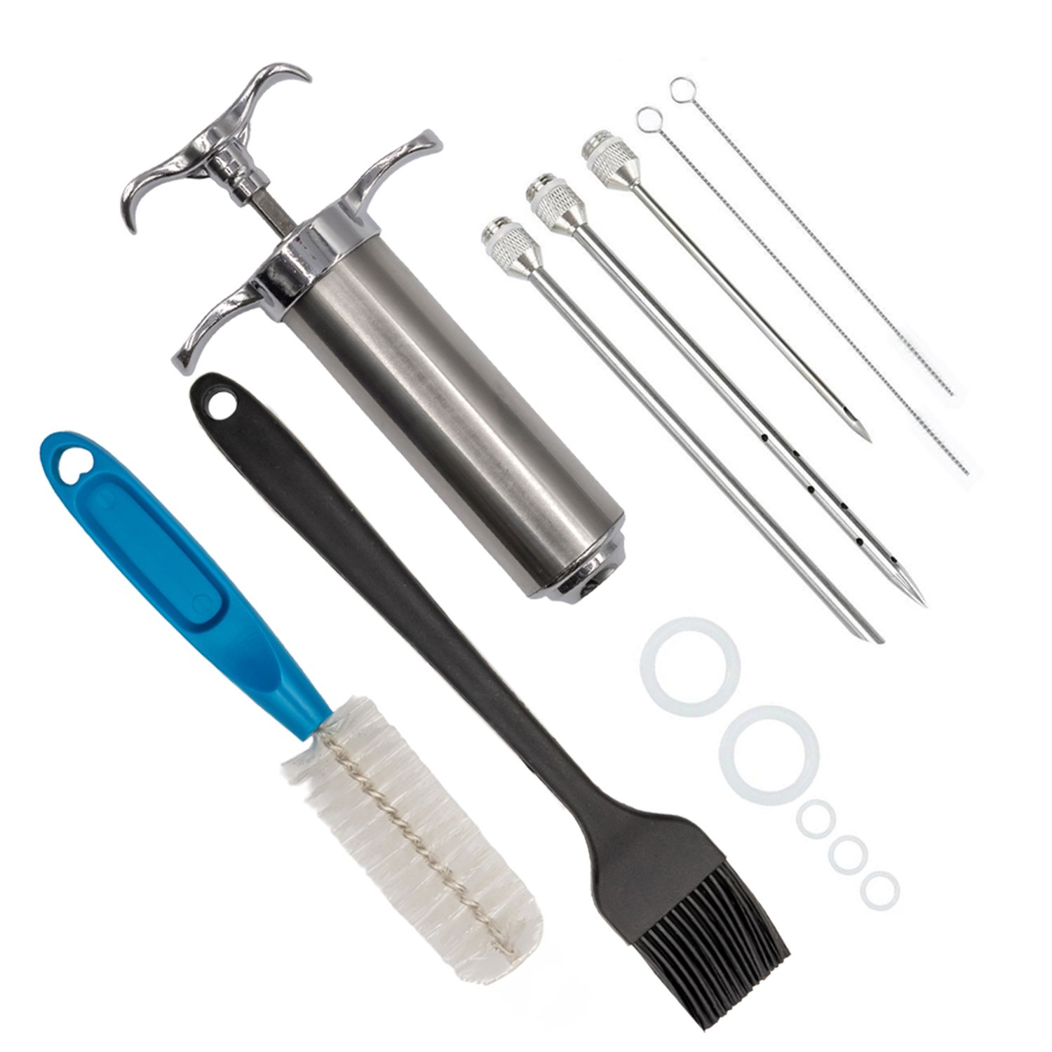 Image of Marinade Injector In Stainless Steel In Silvery - 60 Ml Filling Volume - 3 Injection Needles And 2 Brushes For Grill Spices Roasts Bbq - Marinade Injector Roast Injector Meat Injector