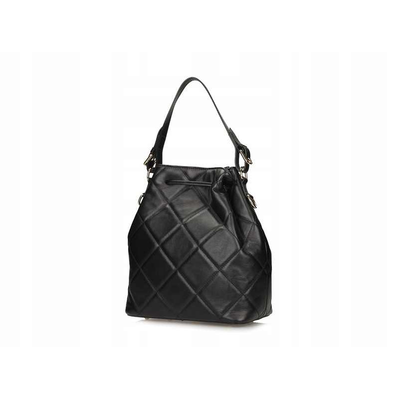 Quilted Leather Drawstring Bucket Bag - Black, Women's, Genuine Leather, 28cm Height, 25cm Width, 12cm Depth, Shoulder Strap, Elegant Style