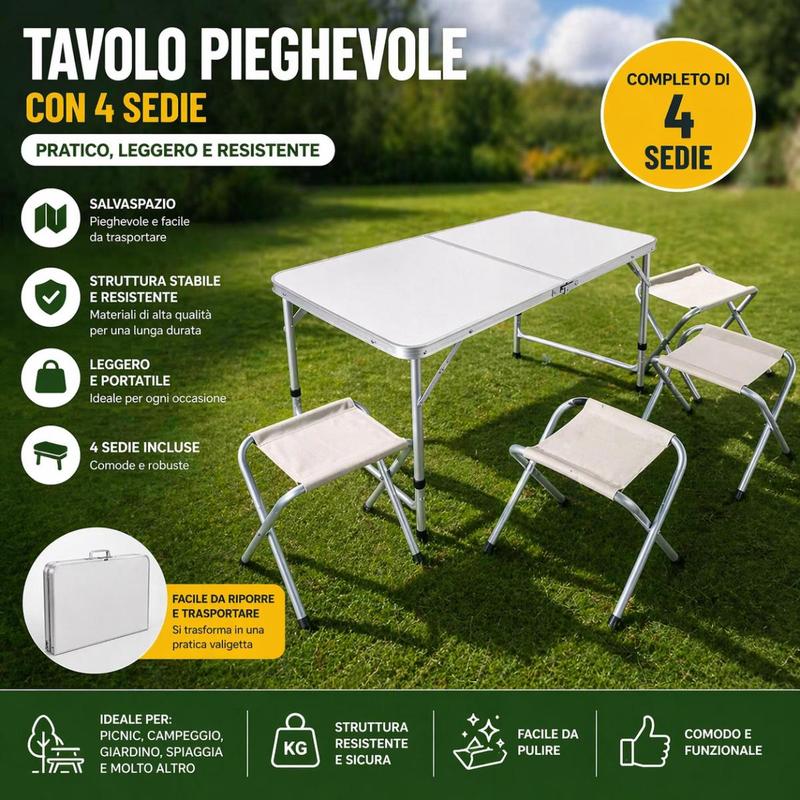 TEMU Tavolo Pieghevole con 4 Sedie �� Set Campeggio Portatile Salvaspazio | Tavolino Richiudibile a Valigetta per Picnic, Giardino
