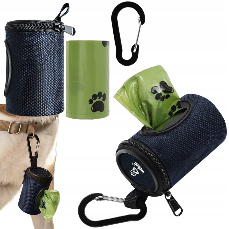 Image of Case Dispenser For Dog Poop Bags Wobell Dark Blue Strong Carabiner Easy Attachment To Clip Resistant To Dirt 1 Roll Of Bags In The Set Nice Walk With Your Puppy