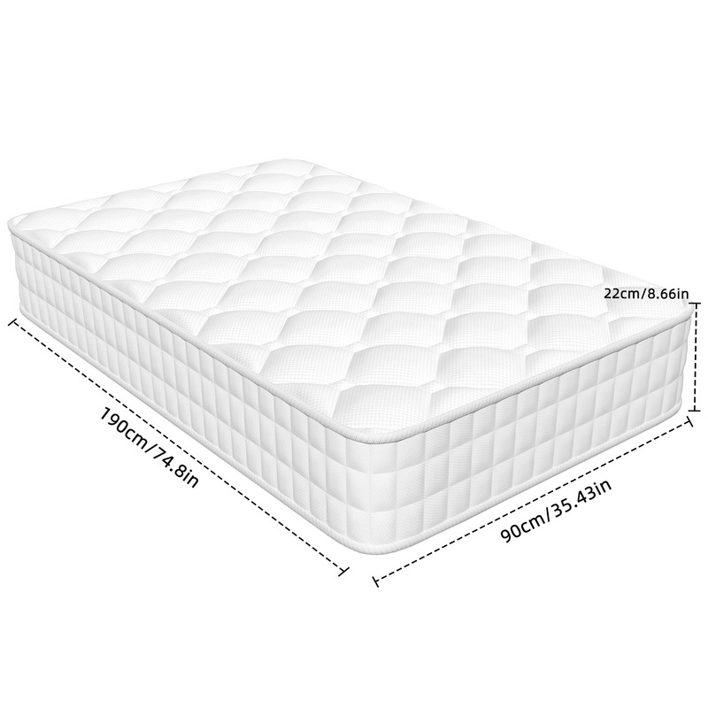 TEMU Matelas 90x190 cm, Matelas à Ressorts Ensachés 7 Zones, Hauteur 22 cm (Respirant), Matelas Ergonomique en Mousse à de pour un Confort de Sommeil