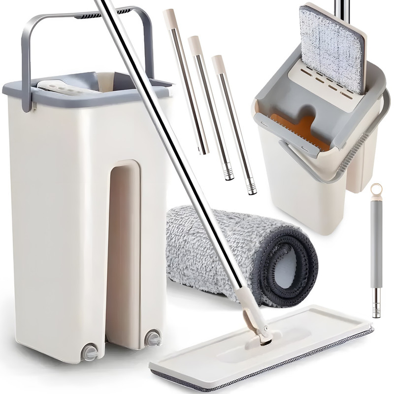 E-shop Retoo TechPro Flachmopp mit Wringer, Eimer mit zwei Fächern, rotierendes Reinigungssystem, bodenwischender Mopp ohne Bücken,