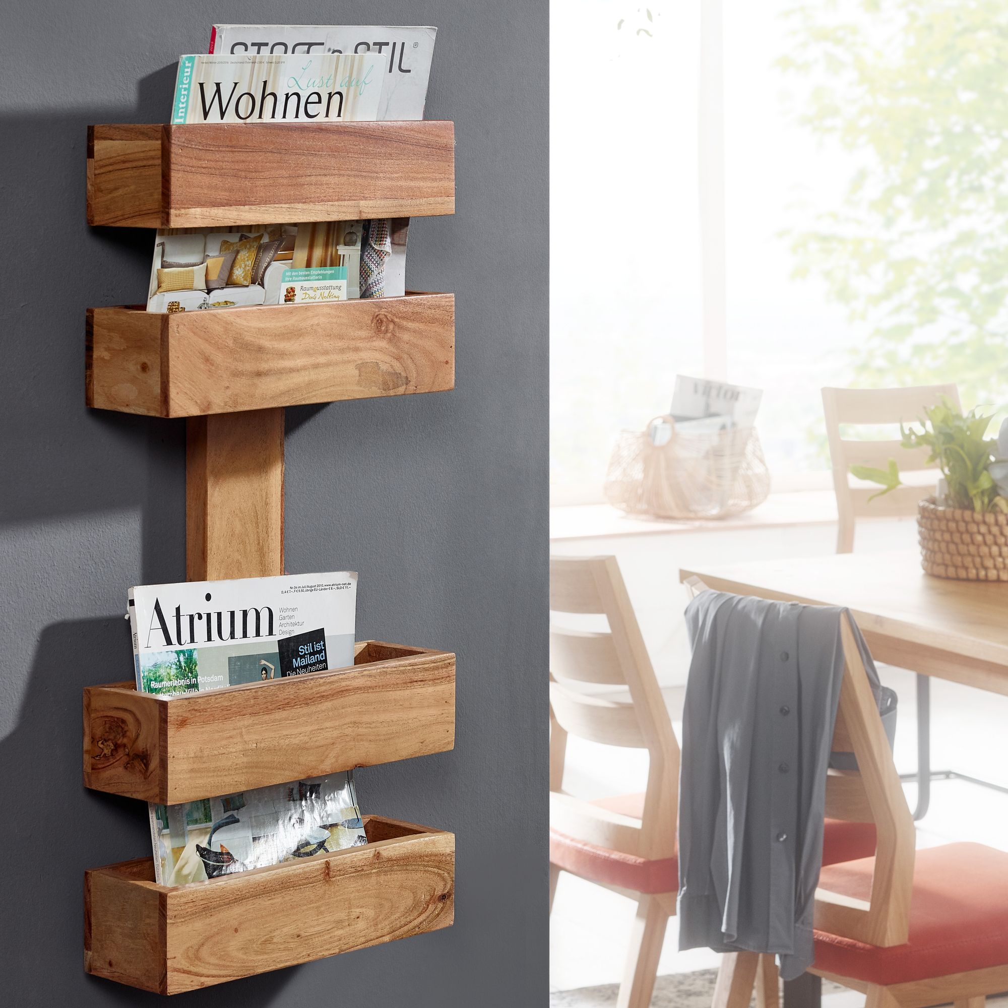 Solid Wood Newspaper Stand With 2 Compartments, Magazine Rack, Brochure Holder, Rustic Style, Material Options