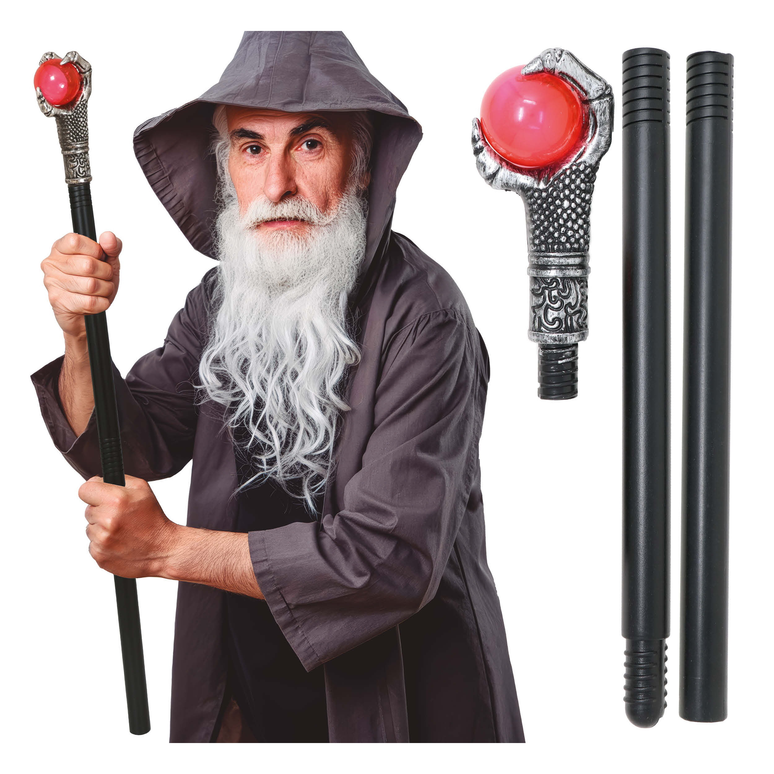 Image of Medieval Wizard Staff Mysterious Sorcerer Stick Dismantable Red Crystal Carnival Accessory