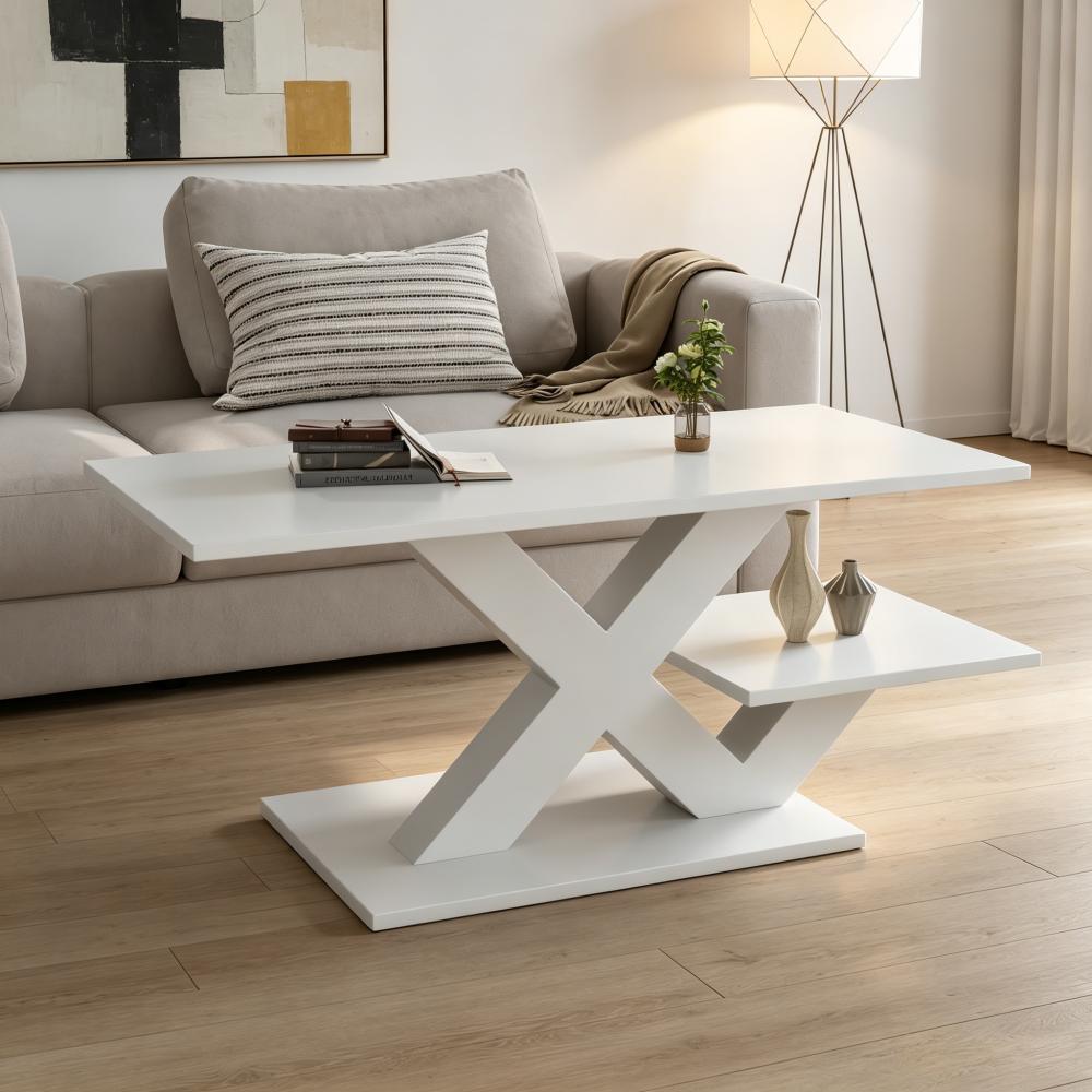 Image of 100x48x45cm, Coffee Table, Rectangular In White, Double Worktop, Overall High Gloss, Side Table, Sofa Table, Living Room Table Made Of Mdf, X-shaped Geometric Table Legs, Supports Up To 10 Kg