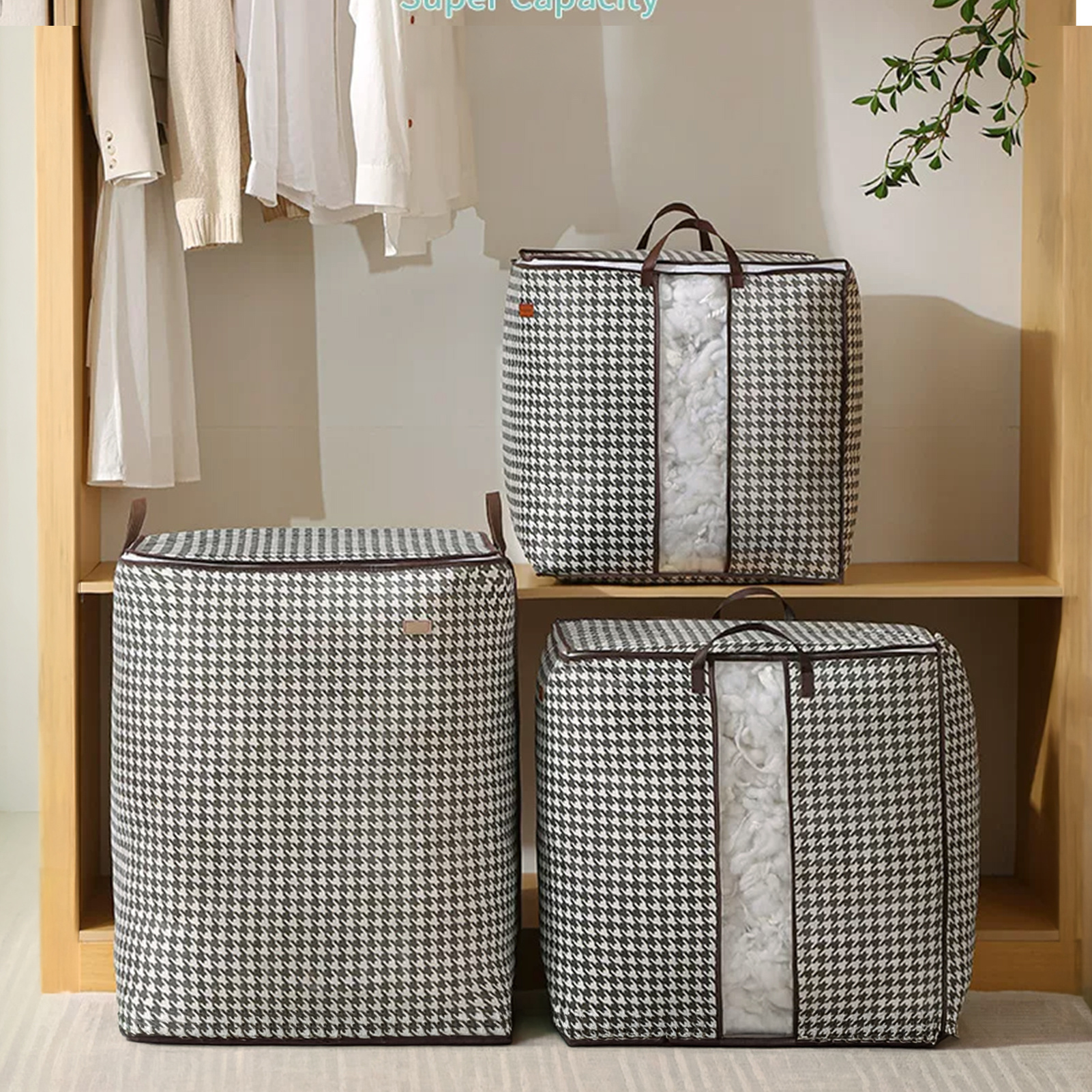 Pack of 3 Houndstooth Storage Bags - Collapsible Dustproof Boxes