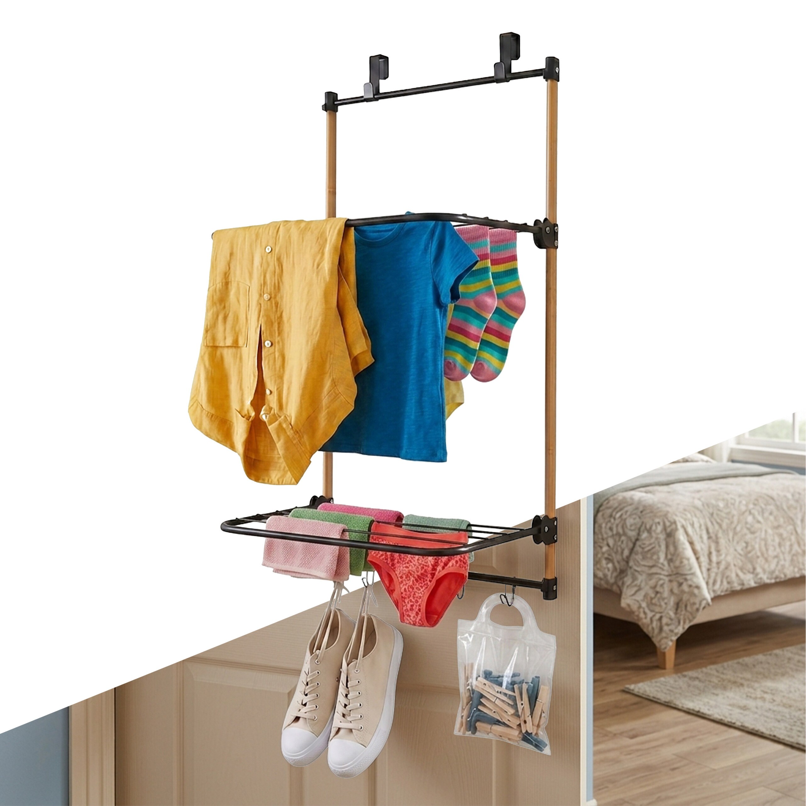 Clothes Drying Rack In Black/ Natural - (w)45 X (h)91 X (d)30 Cm