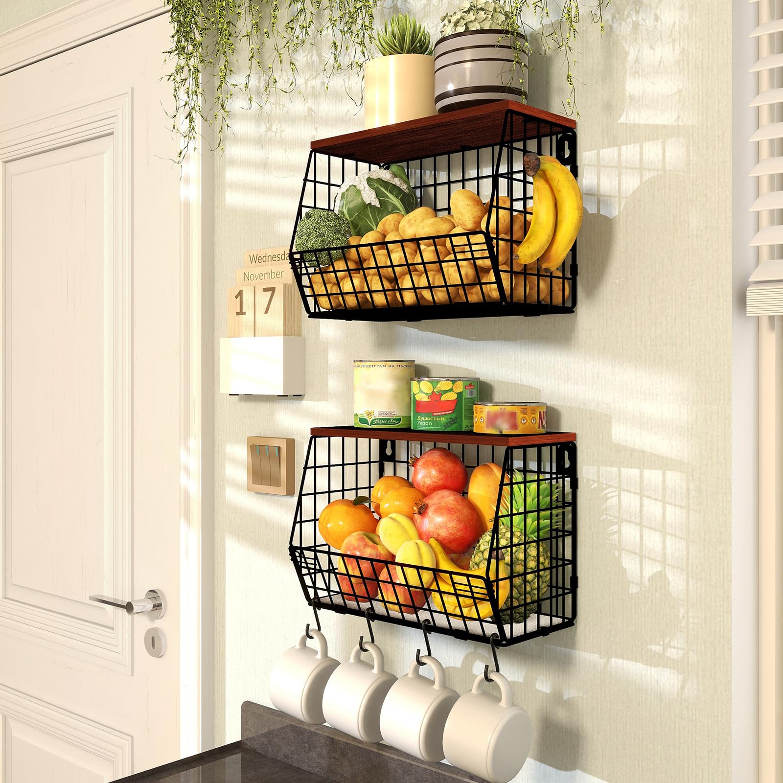 2-Tier Stackable Kitchen Storage Rack with Wooden Boards