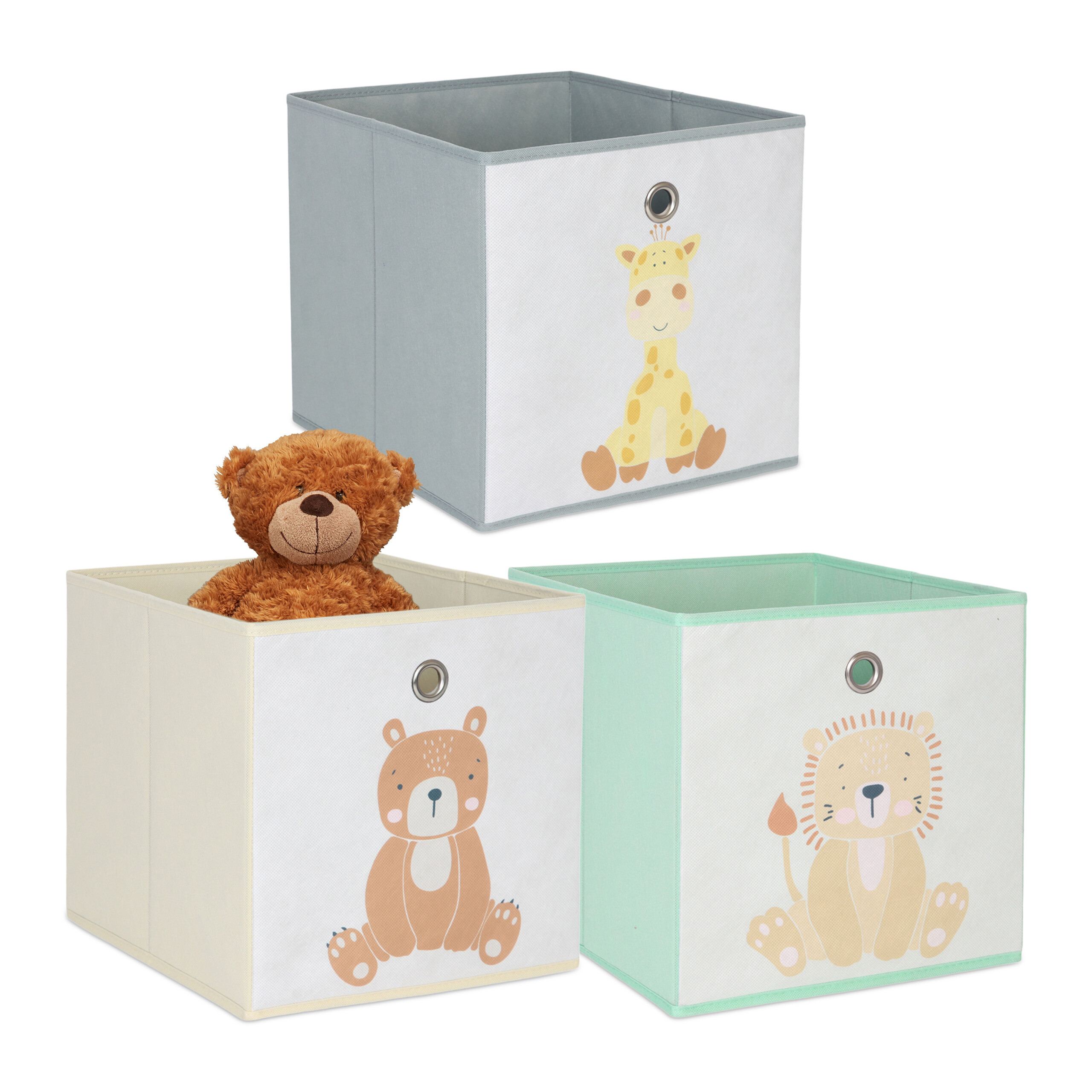 3 X Children' Boxes "animals" In Colorful - (w)30 X (h)30 X (d)30 Cm