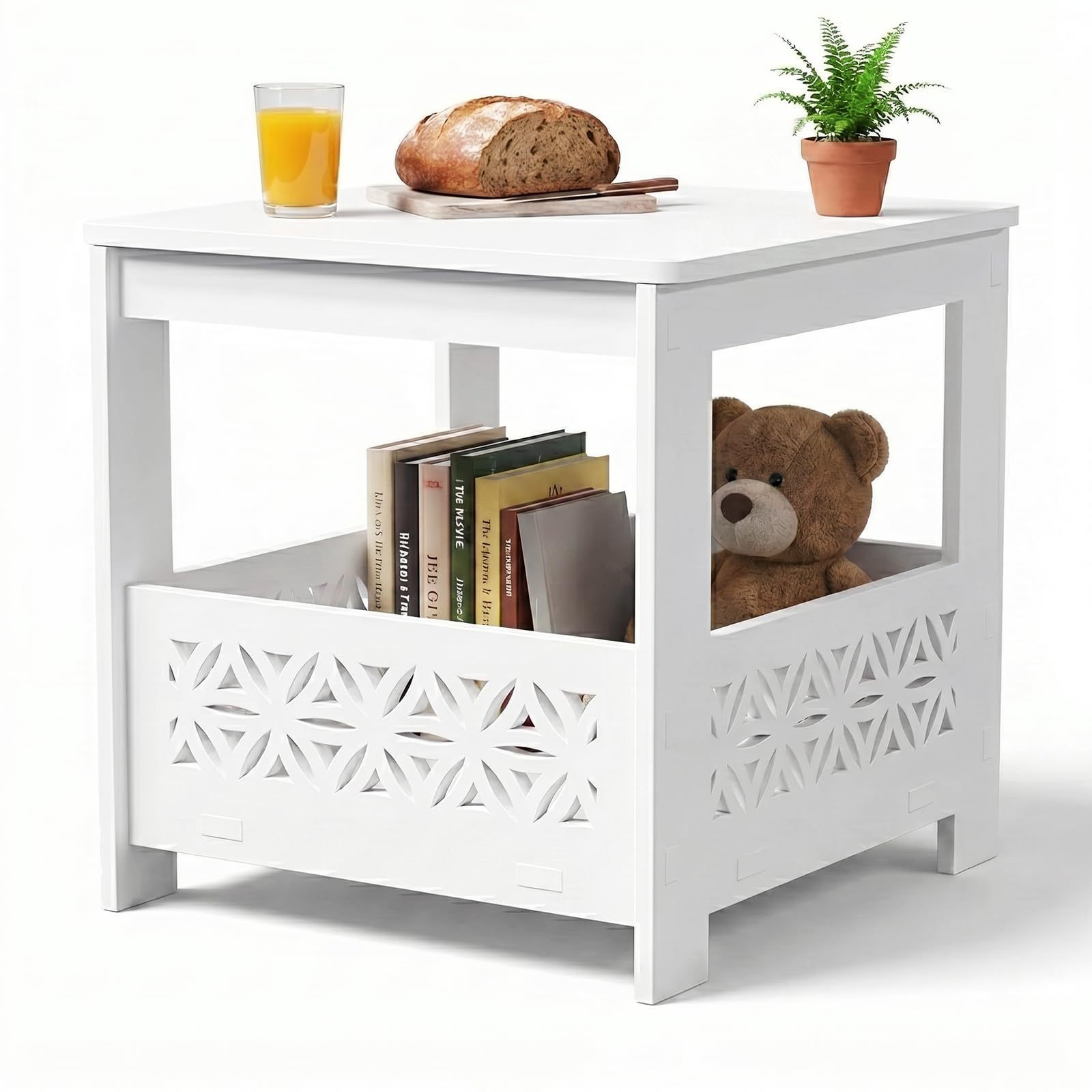 Image of Side Table With Storage, Small Outdoor Balcony Table Made Of Pvc, Multifunctional Nightstand, Weather-resistant, For Garden, Terrace, Living Room & Bedroom, 39.5x39.5x39.5 Cm, White.