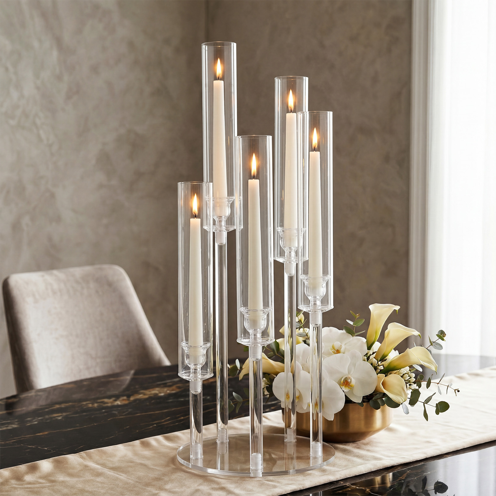 TEMU 5 Clear Acrylic Windproof Candelabra Centerpieces For Tables, Clear Candle Holder For Wedding, Ceremony Dinner Party, Tall Candlestick Holders