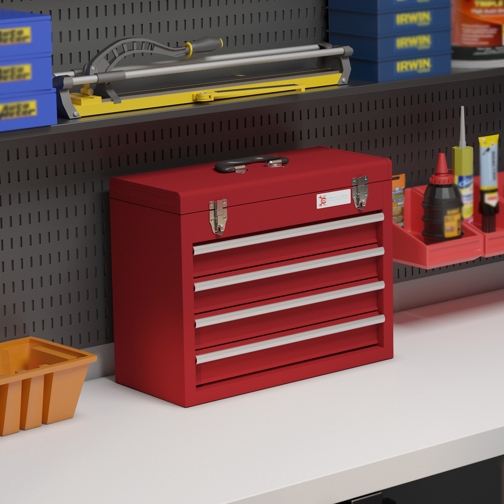 Durhand Leather Toolbox, 51 X 22 X 39.5 Cm Toolbox With 4 Drawers, Upper Storage Compartment, Handle, Tool Chest With 2 Locks, Made Of Steel, Red
