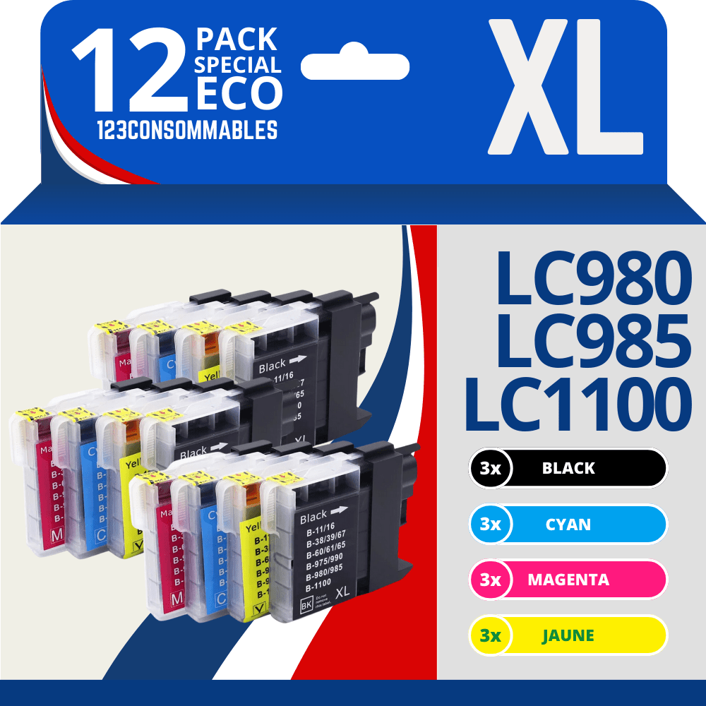 TEMU 123CONSOMMABLES - LC1100 LC980 LC985 - cartouche compatible avec Brother DCP-195C DCP-585CW DCP-385C DCP-375CW MFC-990CW MFC-6490CW MFC-490CW