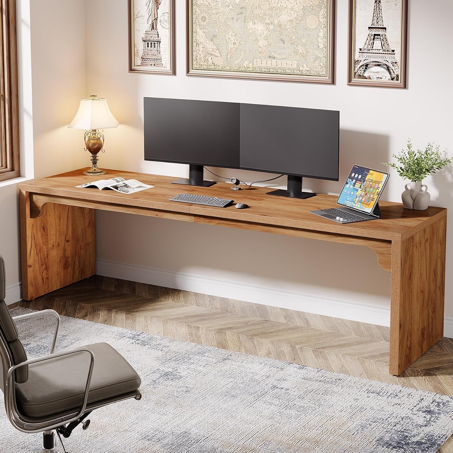 Image of Vintage Desk, Computer Desk, 180 X 59 X 75 Cm, Double Long Desk, Pc Table, Office Table, Work Table, Dining Table, Office Furniture, Computer Desk, Conference Table For Home Office, Brown