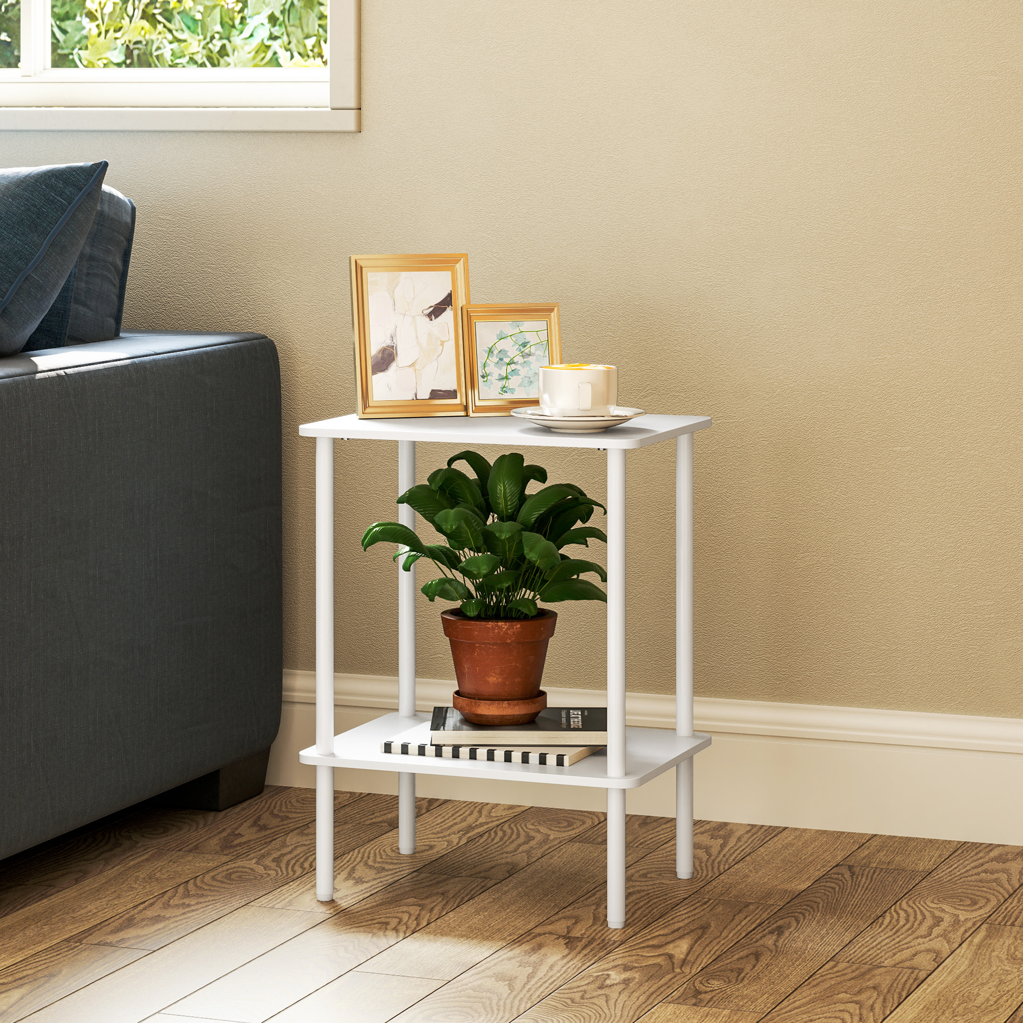 Image of Side Table, 2-stage Sofa Table With Storage Compartment And Metal Frame, Modern Coffee Table For Living Room, Bedroom, White