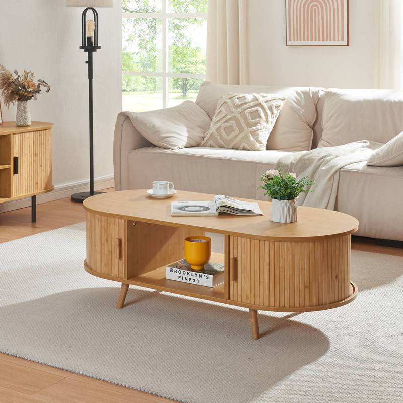 Coffee Table With 2 Doors, 120 X 55 X 40 Cm, Bamboo Wood