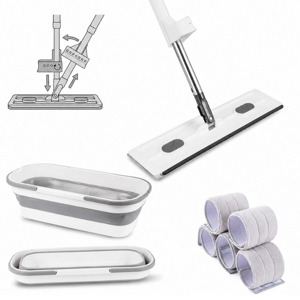 TEMU Mop And Bucket Set With Wringer System, Self-cleaning Flat Mop System, 360° Rotating Floor Mop With Adjustable Handle And Reusable Microfibre
