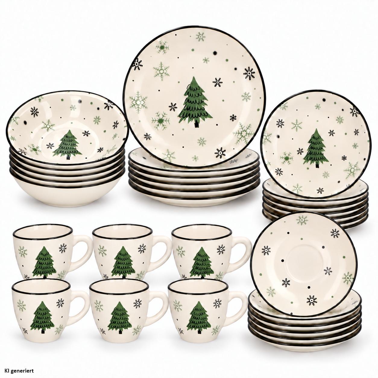 Image of 30-piece Christmas Tree Dinnerware Set For 6 People, Stoneware Tableware With Green Fir Trees & Snowflakes, Coffee & Dinner Service With Cups, Saucers & Plates