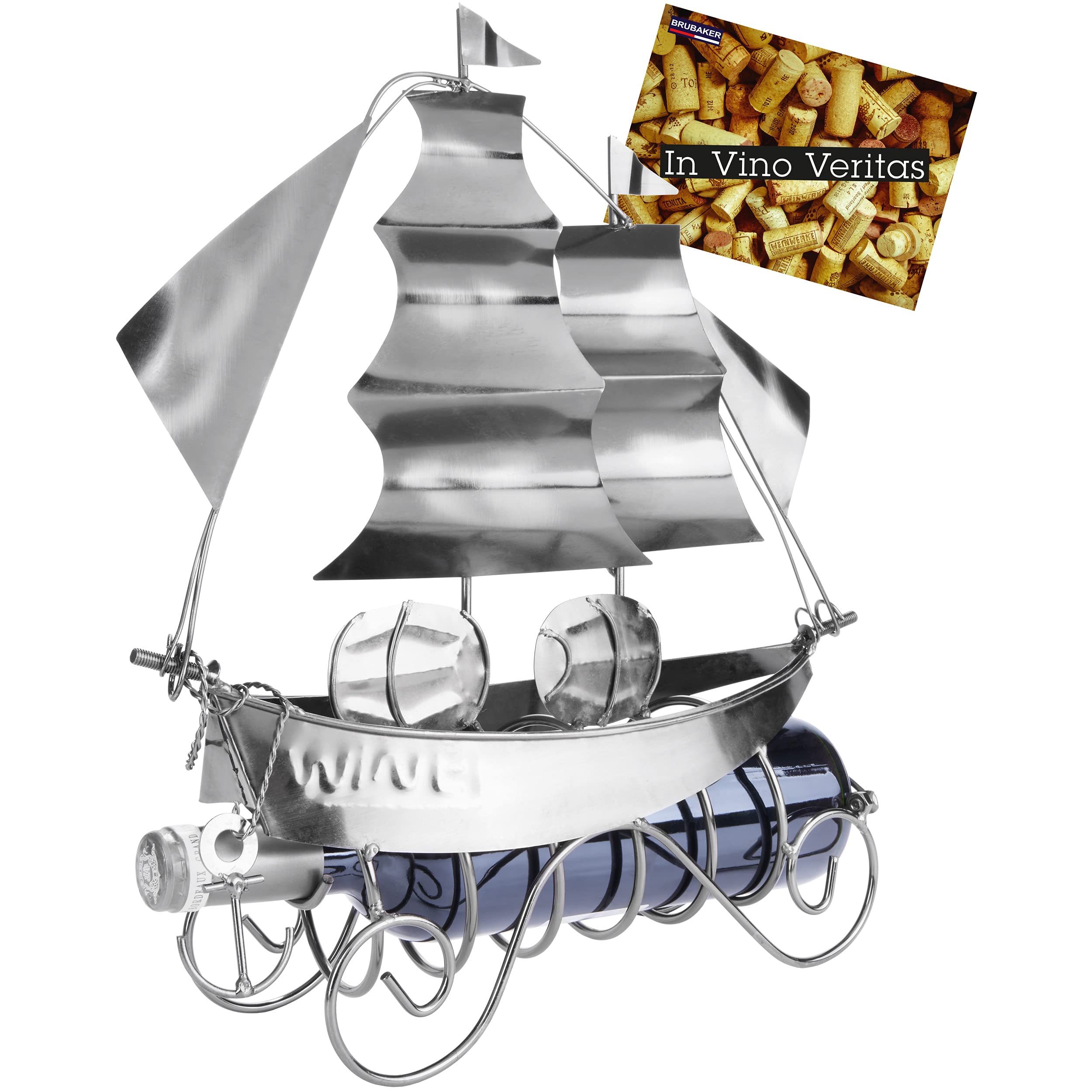 Image of Brubaker Wine Bottle Holder Sailing Ship - Bottle Stand Sculpture Made Of Metal With Gift Card - Silvery Wine Gift Height 39 Cm