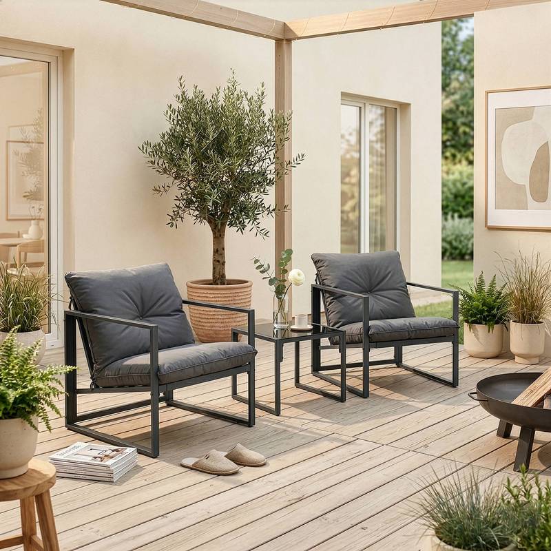 Image of Karg 3-piece Outdoor Lounge Set With Coffee Table, 2 Armchairs, Cushions, And Metal Frame