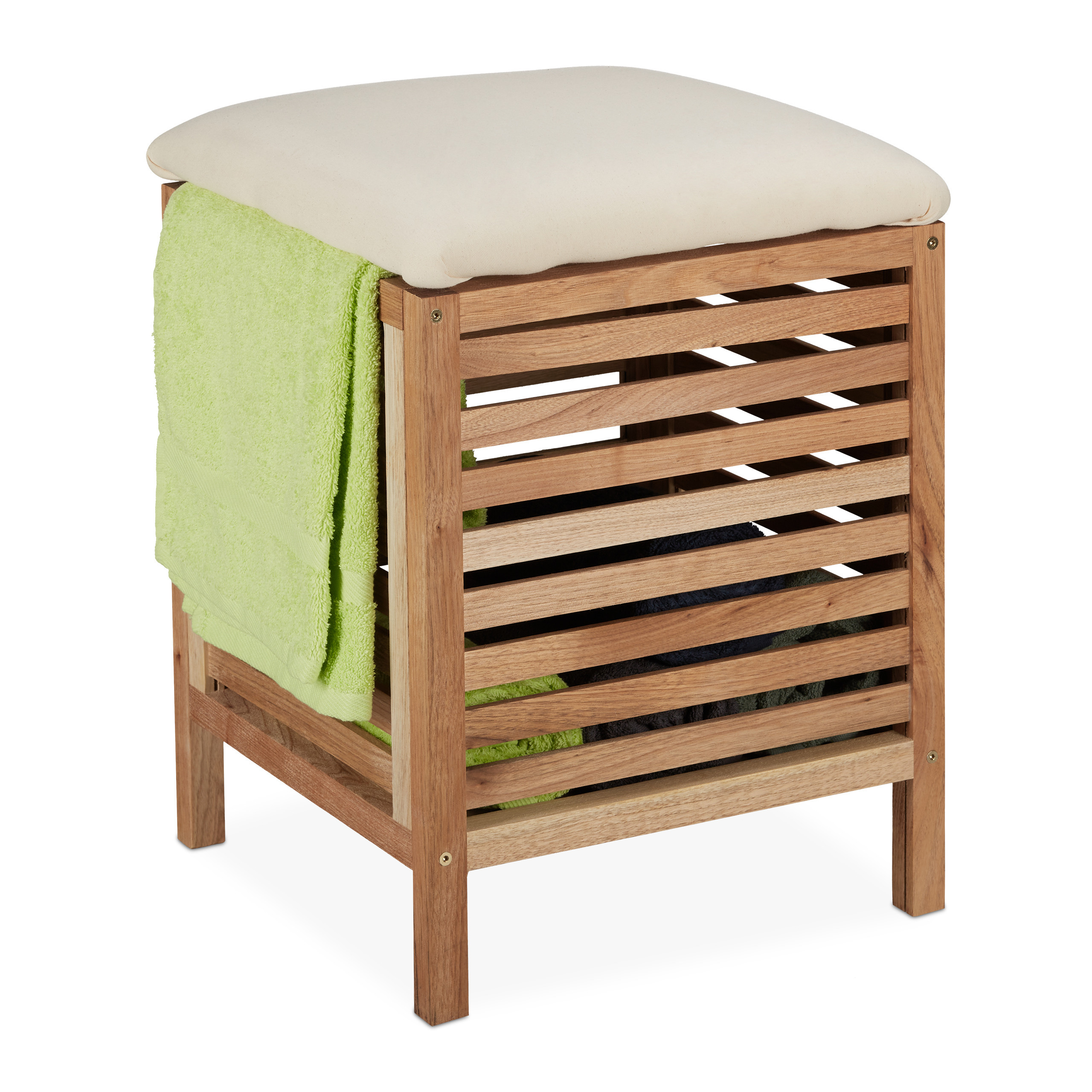 TEMU Cesta de ropa con asiento, madera de nogal y tejido de algodón, 35 l, 51 x 39 x 39 cm, acolchada extraíble, natural y crema, para baño,