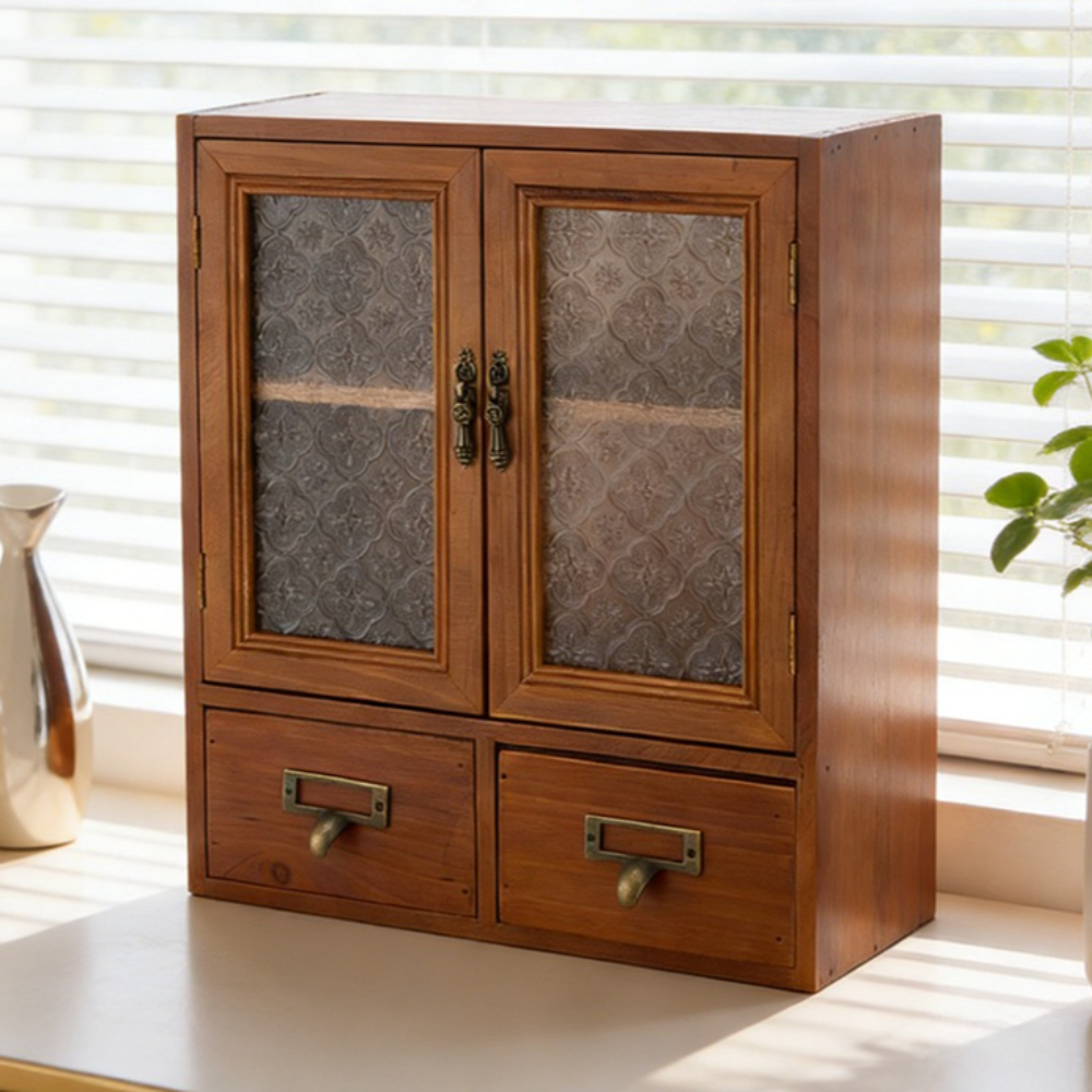TEMU Vintage Wooden Collectibles Display Cabinet Simple And Elegant Sundries Cosmetics Drawers Storage Box With Acrylic Hallway Showcase Desktop