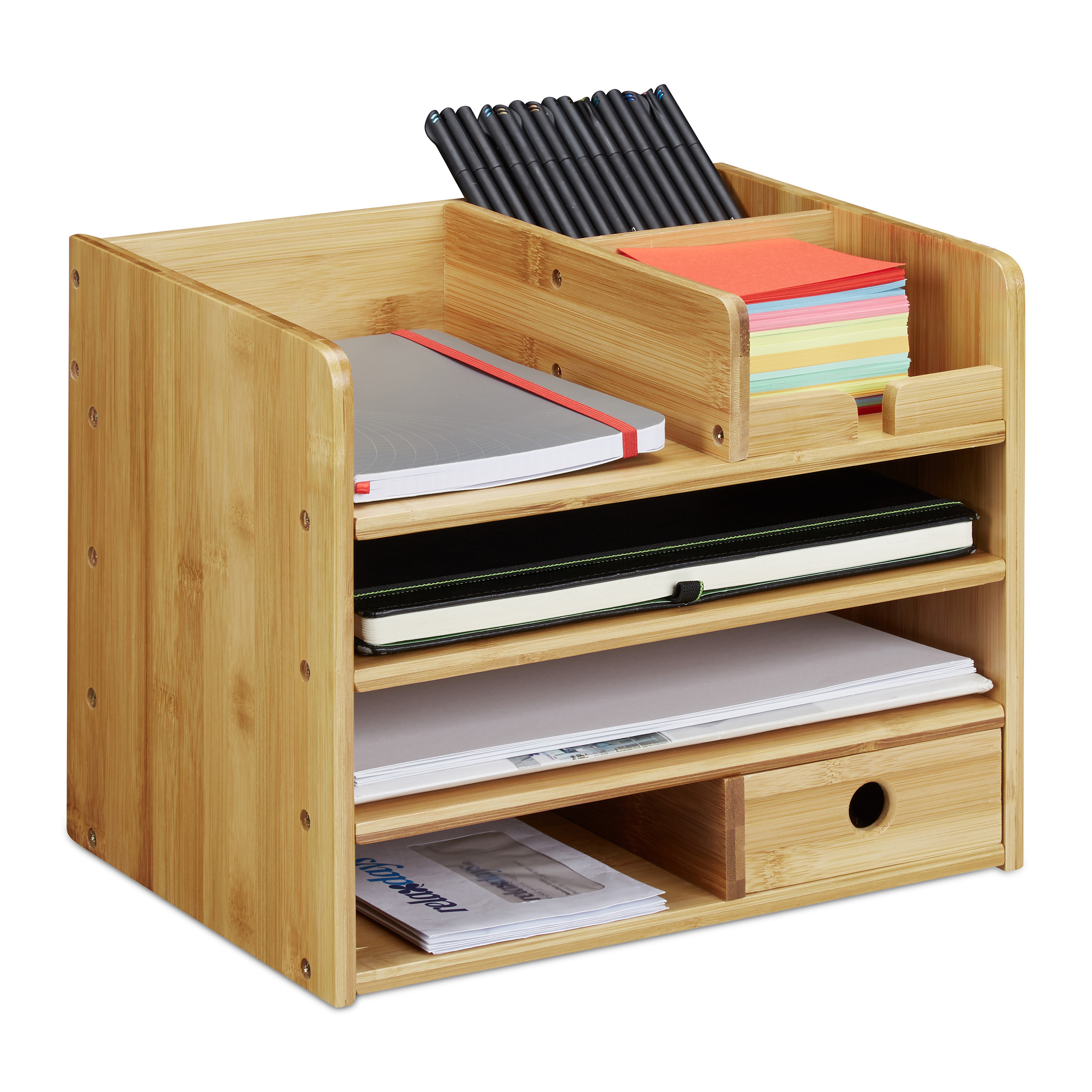 TEMU Bamboo Desk Organizer, 26 X 33 X 24 Cm, 2 A4 Document Compartments, Drawer, Compartments, Natural Color, For Office, Study, Bedroom, And School,