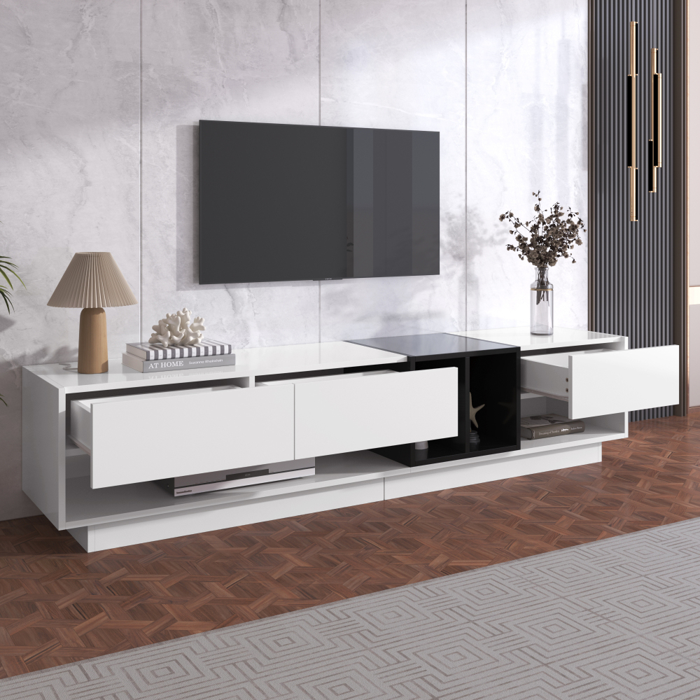 Tv Cabinet White Black High Gloss, 3 Drawers 2 Open Compartments, Modern Living Room