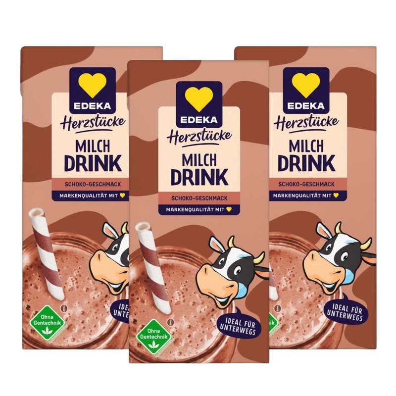 Image of Edeka Herzstücke Chocolate Milk Drink 3 X 200 Ml | Chocolate-flavored Milk Beverage | Drink Pouches For On-the-go | Drink For School, Breaks, And Everyday Use
