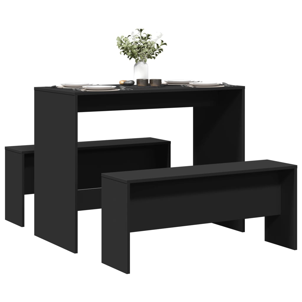 TEMU 3-piece Dining Table And Bench Set In Black Wood Composite