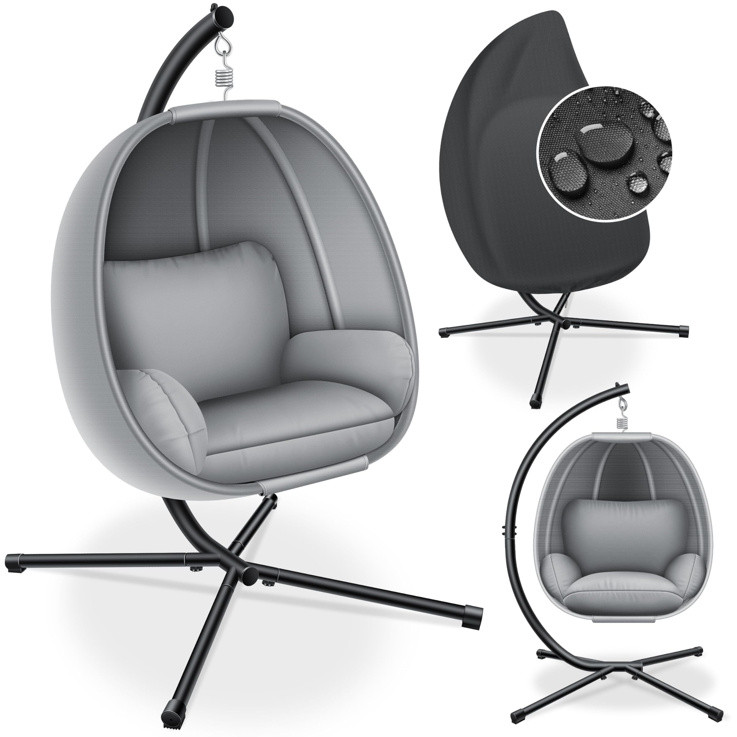 Image of Kesser® Luxe Hanging Chair With Frame + Soft Seat Cushion And Cover, Side Bolstering, Back Cushion Hanging Basket Indoor & Outdoor, Garden Swing Hanging Chair Stable Stand, Max. 150 Kg Grey