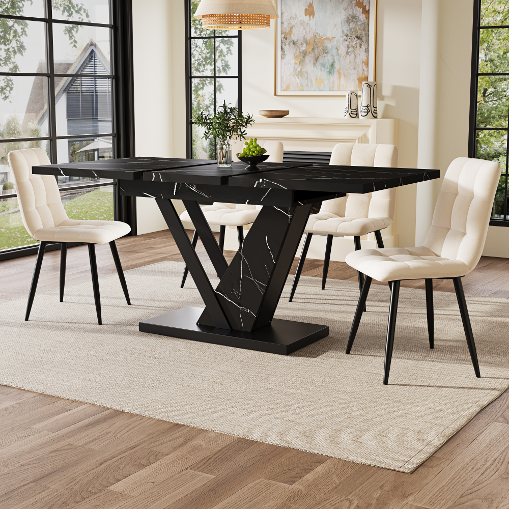 Extendable Dining Table 120-160×75×75.5 Cm,with Marble Optic, Thick Iron Legs, Adjustable Feet, Stable Metal Rails With Locking System, Load-bearing And Stable, Suitable For 4-6 People.