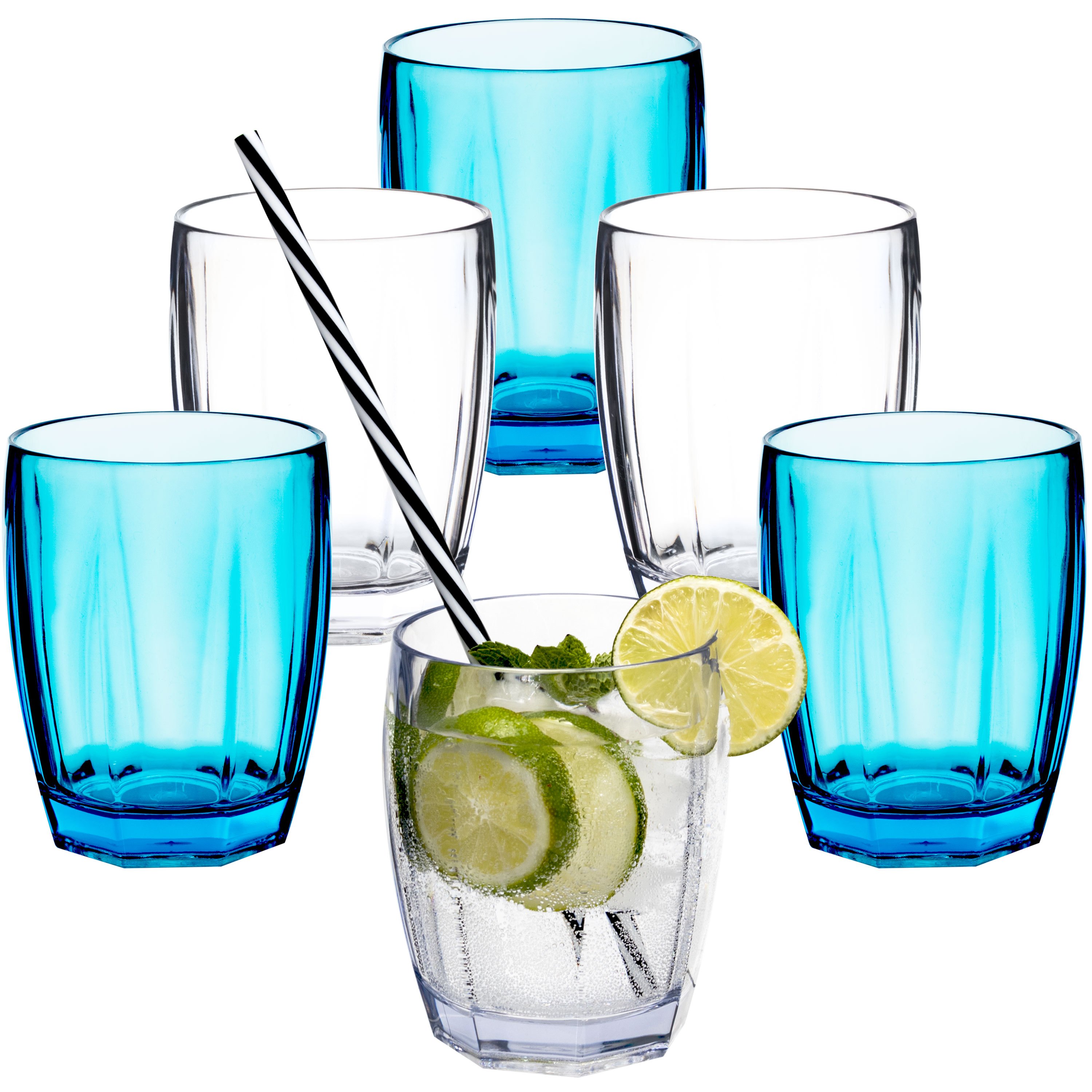 Image of 6x Acrylic Camping Glasses 320ml Clear Turquoise - Drinking Glass Acrylic Plastic Water Glass For Camping, Garden, Look, Picnic Cup For Kids, Seniors, Long Drink, Cocktail