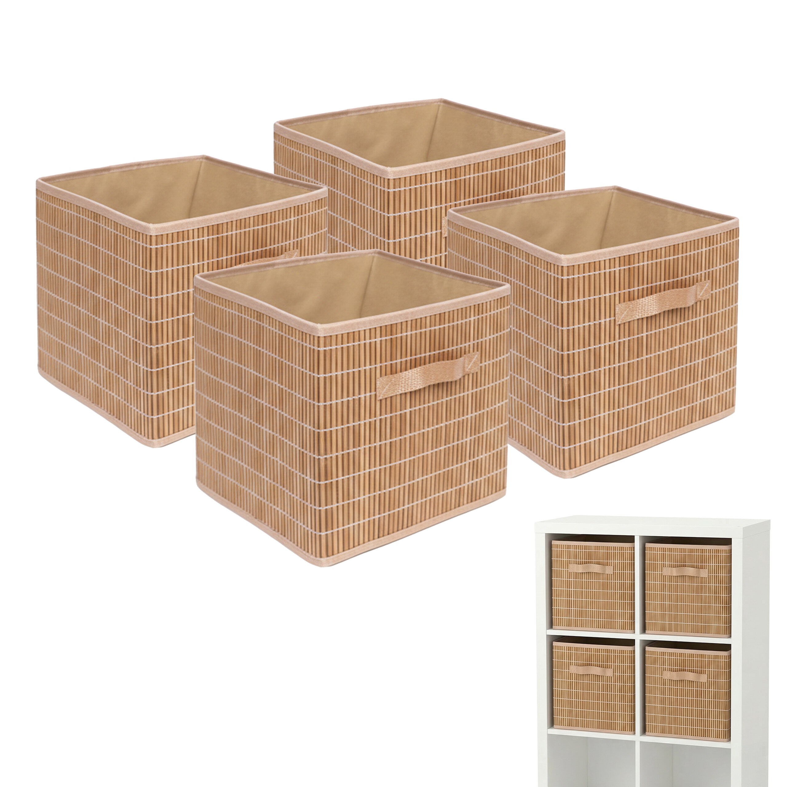 TEMU Regalkörbe Bambus, 4er-Set, 28 x 28 x 28 cm, Bambus mit Polyester-Baumwoll-Einsatz, natur, faltbar, mit Schlaufe, für Würfelregale, Schränke,