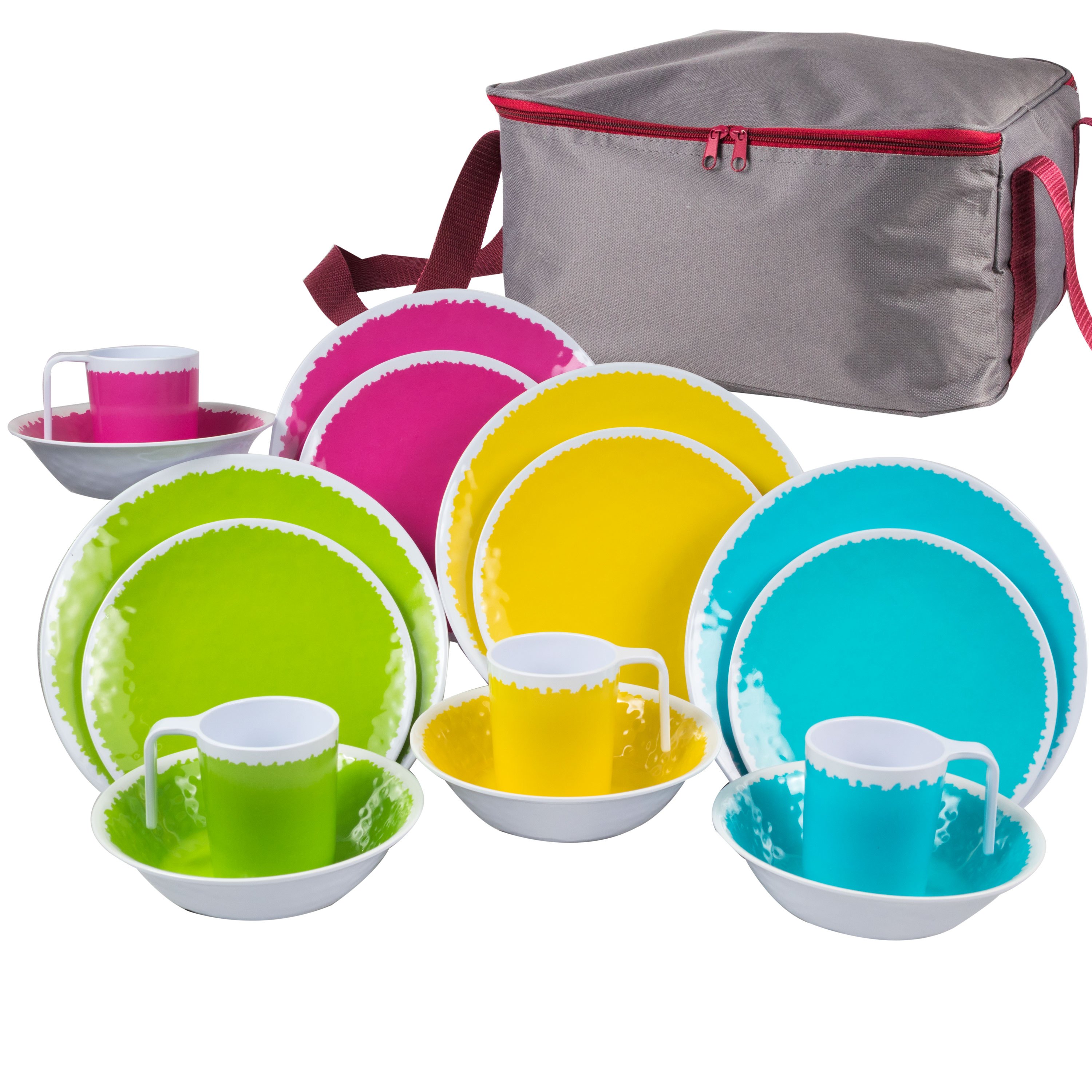 Colorful Melamine Dinnerware Set, 17-piece With Storage Bag - 4-person Dinnerware, Camping Tableware, Picnic Set For Camping, Plates, Bowls, Dishes, Melamine Tableware With Zippered Bag