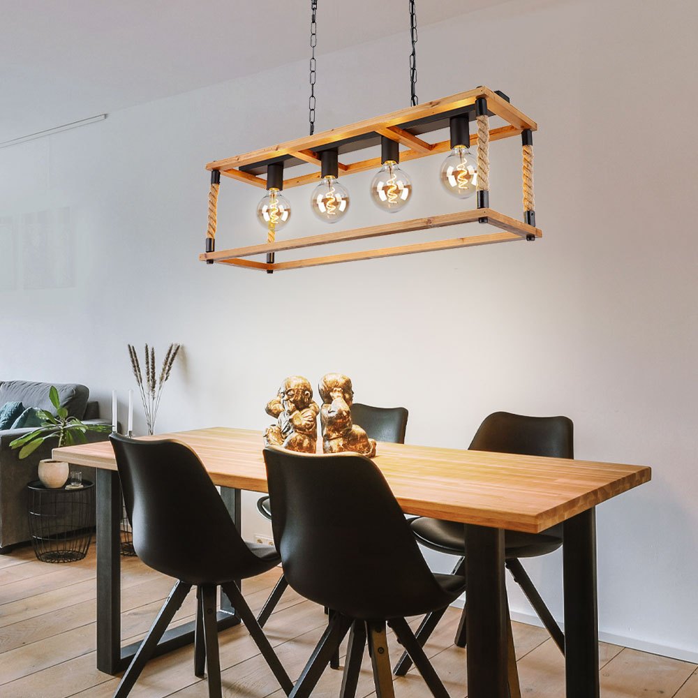 Image of Vintage Retro Pendant Lamp Wooden Ceiling Lamp Hemp Rope 4-flame, Metal, 4x E27 Sockets, Lxbxh 80x25x120 Cm