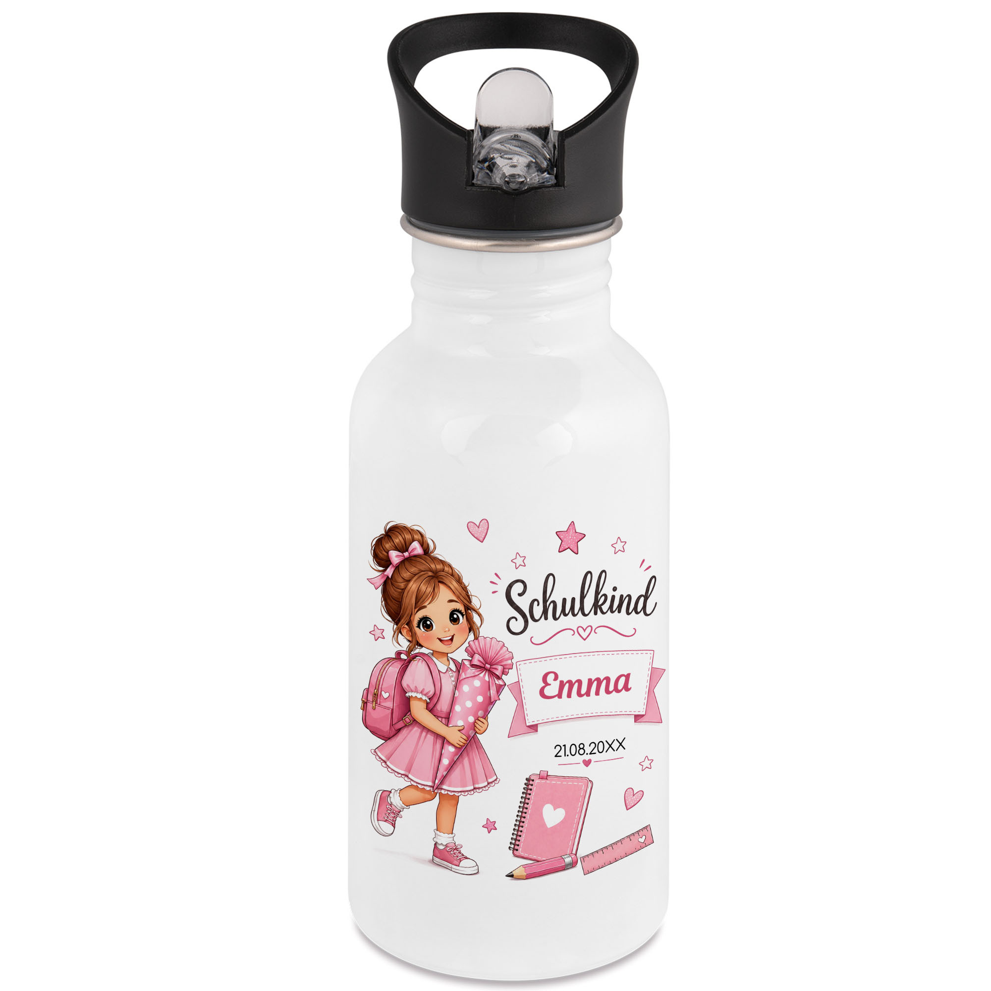Image of Personalized School Girl' Bottle With Name, First Day Of School Gift, Cute Stainless Steel Bottle For Girls, 500ml
