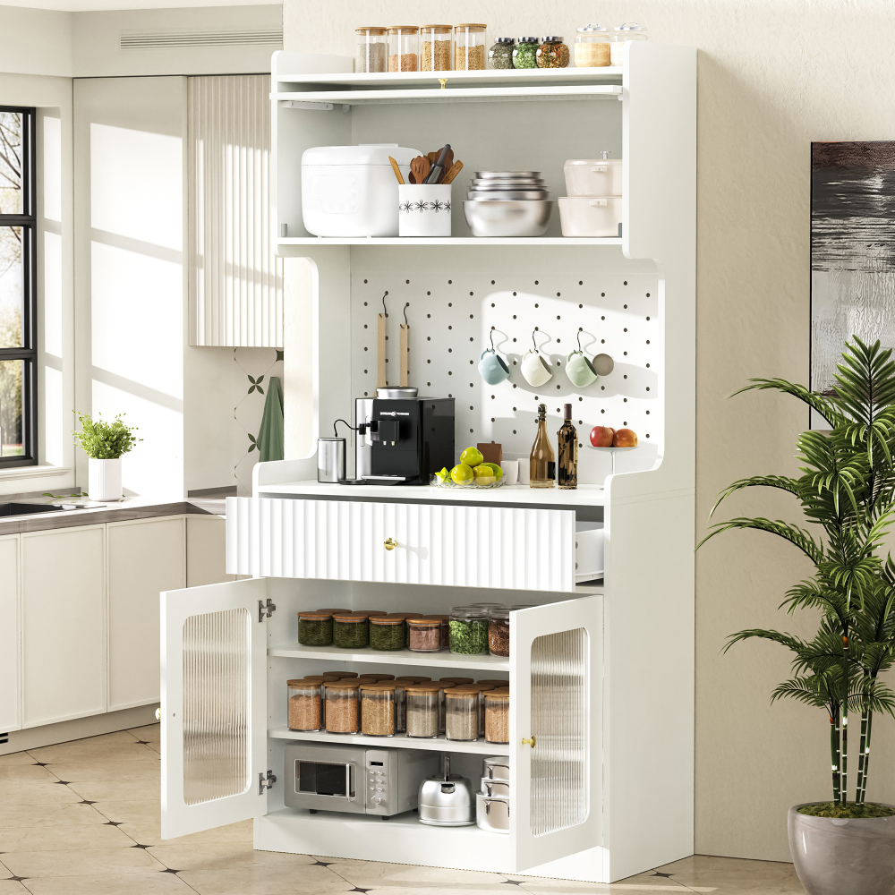 Image of Kitchen Cabinet With Ribbed Glass, Rounded Corners, Perforated Plate & Flap Door, Space For Kitchen & Living Room